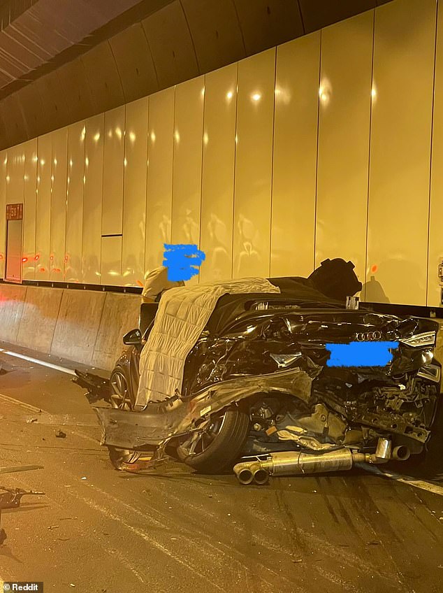 The horror crash took place in the tunnel (pictured), when the black Audio crashed into the silver sedan, before the sedan crashed into a truck.