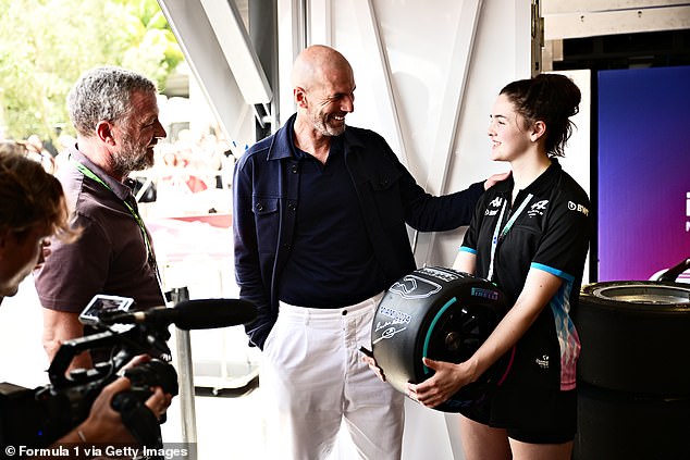 The iconic former Real Madrid player and coach also greeted young F1 academy drivers