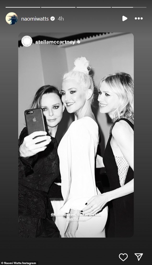 That same day, the 55-year-old Feud producer-star posted Stella McCartney's (L) Instastory of the couple attending the 2017 Met Gala with Kate Hudson (M).