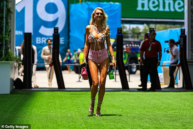 Slovakian model Veronika Rajek walks in the paddock of Miami International Autodrome