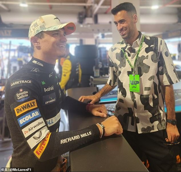 Inter Miami midfielder Sergio Busquets chatted with Lando Norris without Leo Messi before the race