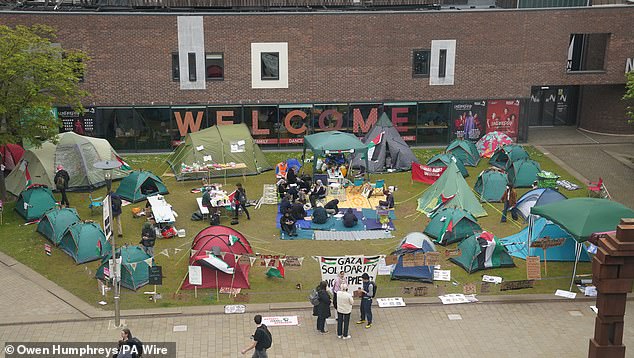 Students in an encampment on the grounds of Newcastle University protest against the war in Gaza