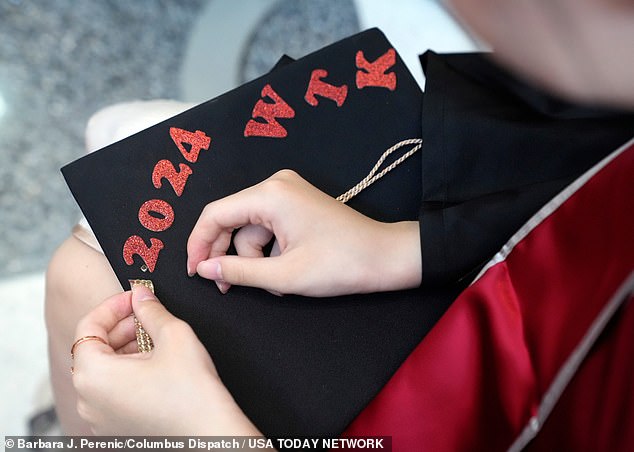 Tongke Wang, a student from China, decorated her mortar board for the Ohio State University graduation ceremony