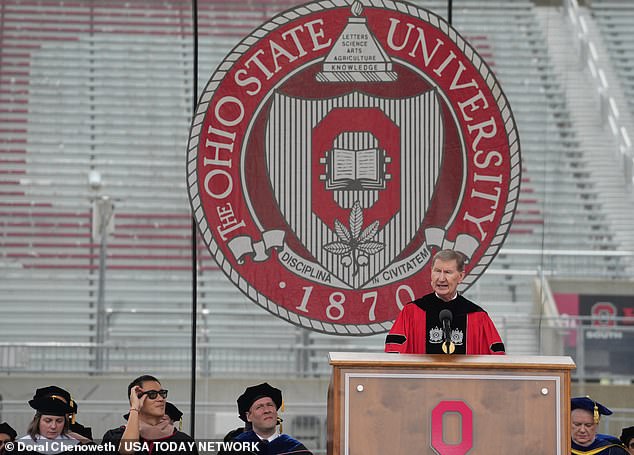 University President Ted Carter speaks at the Ohio State Spring 2024 commencement on Sunday, but made no mention of the death