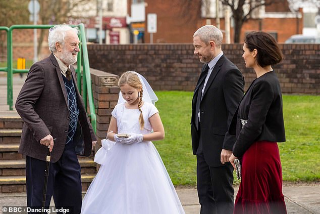 Hill, who was 79, had worked little on television in recent years, choosing his jobs involving clinical care.  Until the end, his screen presence was unchanged.  Pictured: Brendan Hill with Martin Freeman (second right) and Myanna Buring (far right)