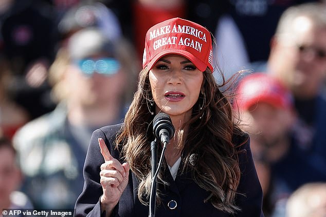 South Dakota Governor Kristi Noem is still in the doghouse over anecdotes shared in her upcoming book.  She is pictured at a Trump rally in March