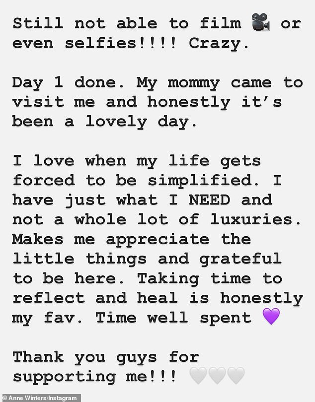 Winters shared another update on her Instagram Story on Sunday, writing that she was happy to be able to take a step back from her family life and focus on her well-being.