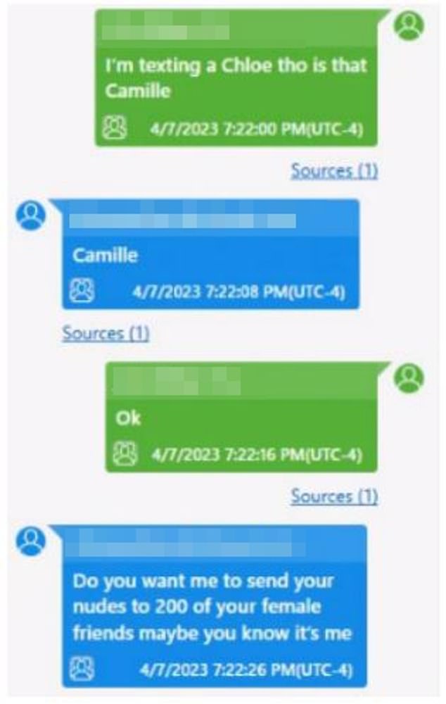 Text messages sent between an extortionist and their victim who thought he was speaking to a beautiful woman before the scammer threatened to make their private photos public