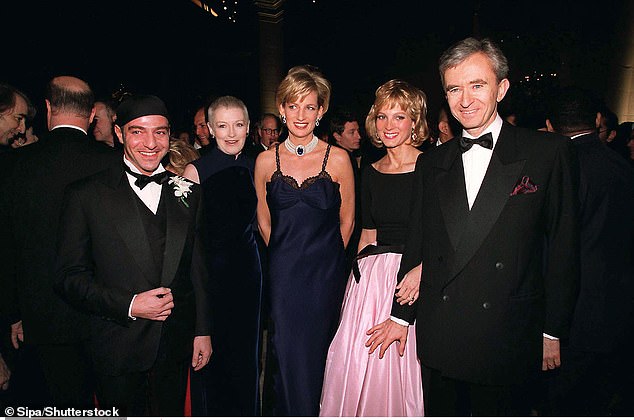 Diana was invited to the event by Bernard Arnault, right, head of Dior.  From left: John Galliano, Liz Tilberis, Diana and Helene Mercier, wife of Arnault