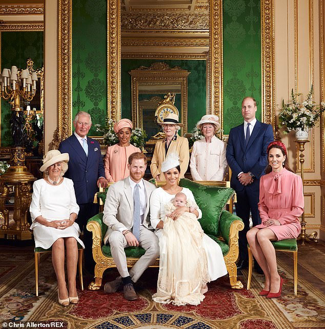 Archie on the day of his baptism in July 2019 with his parents and (from left to right) Queen Camilla, King Charles, Doria Ragland, Lady Jane Fellowes, Lady Sarah McCorquodale, Prince William and Catherine, Princess of Wales