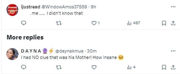 Excited Twitter users wrote: 'I didn't know that...I had NO idea it was his mother!  How insane... Yo, is that Pauline from Eastenders... She doesn't like birds and a feather show?... I'm shocked... I had no idea Linda is his mother!'