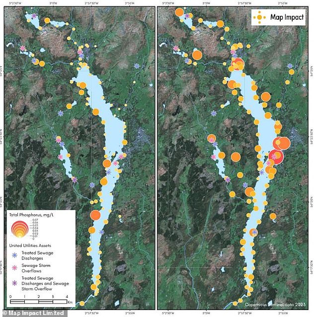 A 2023 study found that sewage discharges into the lake in April 2023 (left) and August 2023 (right) were associated with significantly higher phosphorus levels.