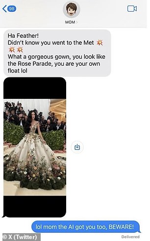 Katy Perry posted a screenshot of her conversation with her mother, who had fallen for the viral images, thinking her daughter had attended this year's Met Gala (above)