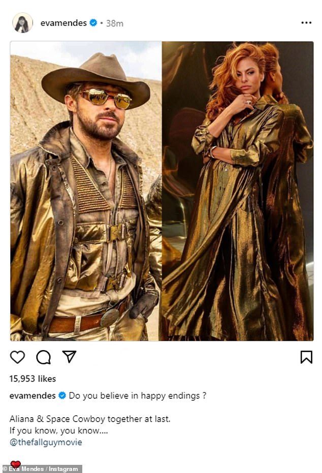 The Hitch star also made a nod to partner Ryan Gosling's new film, The Fall Guy, in another post, sharing one of her photos wearing a matching gold cowboy look that he's rocking on screen