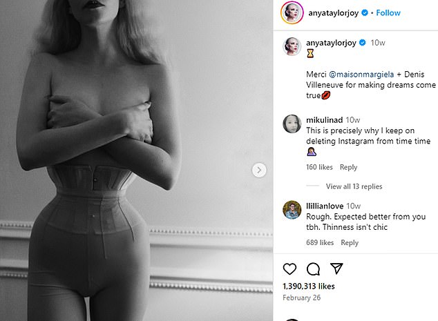 Anya Taylor-Joy sparked a similar controversy earlier this year with this post of her tiny-waisted figure on Instagram