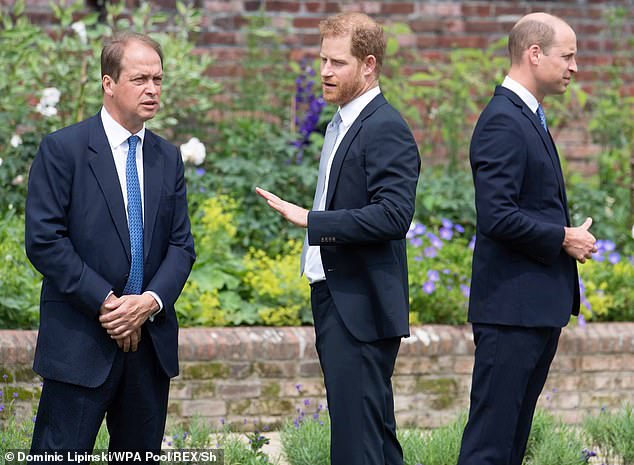 The Duke of Sussex instead went out for dinner with Guy Monson, who attended the 2021 unveiling of a statue of Princess Diana at Kensington Palace (pictured left, at the unveiling)