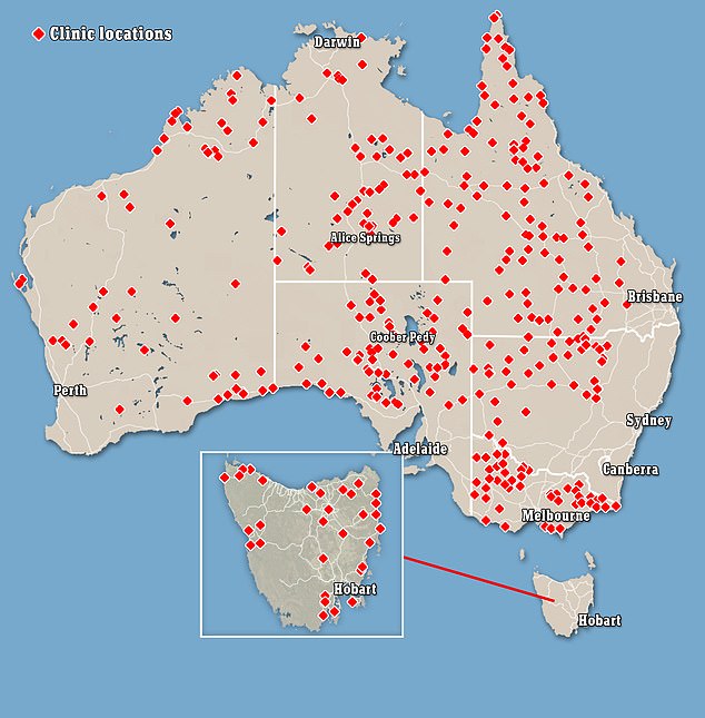 A shocking map (pictured) showed a serious lack of GP, nursing, mental and dental clinics outside the country's metropolitan and regional areas