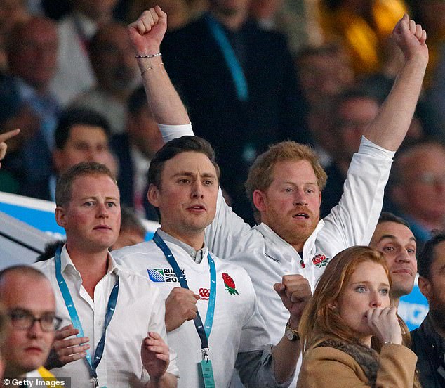 Prince Harry with Henry's brother, Charlie Van Straubenzee and Guy Pelly during the 2015 England v Australia match