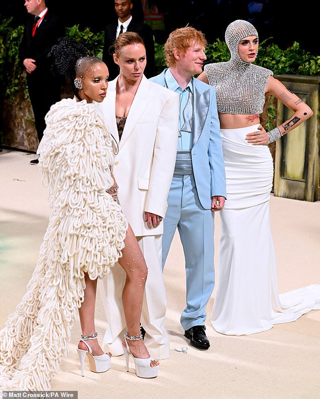 She said: 'There were, thank goodness, a few who really embraced the theme, our British designer Stella McCartney led the way and dressed her crew sustainably' (Stella seen with those she dressed: FKA twigs, Ed Sheeran and Cara Delevingne)