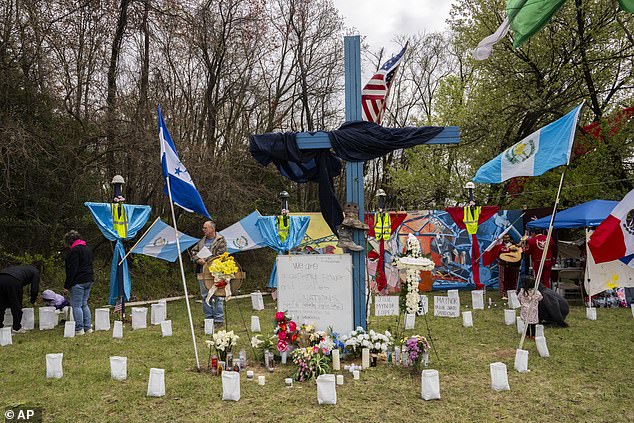 A memorial honoring the construction workers who died in the collapse of the Francis Scott Key Bridge is located on the side of the road near the blockade to Fort Armistead Park