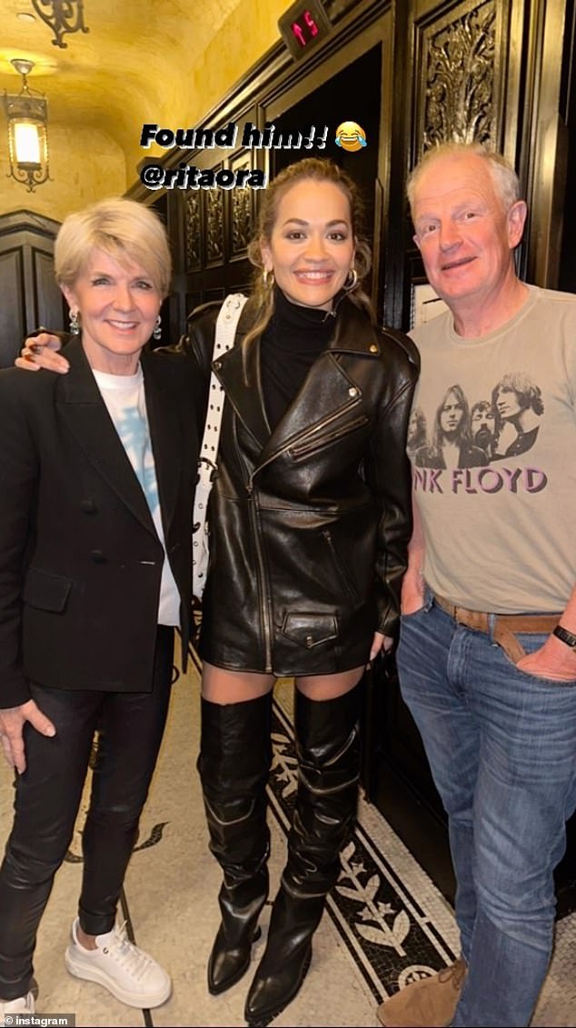 The lobbyist later met Ora in person after Ms Stott Despoja introduced him as 'the worm man' (photo, left to right: Julie Bishop, Rita Ora and Ian Smith)