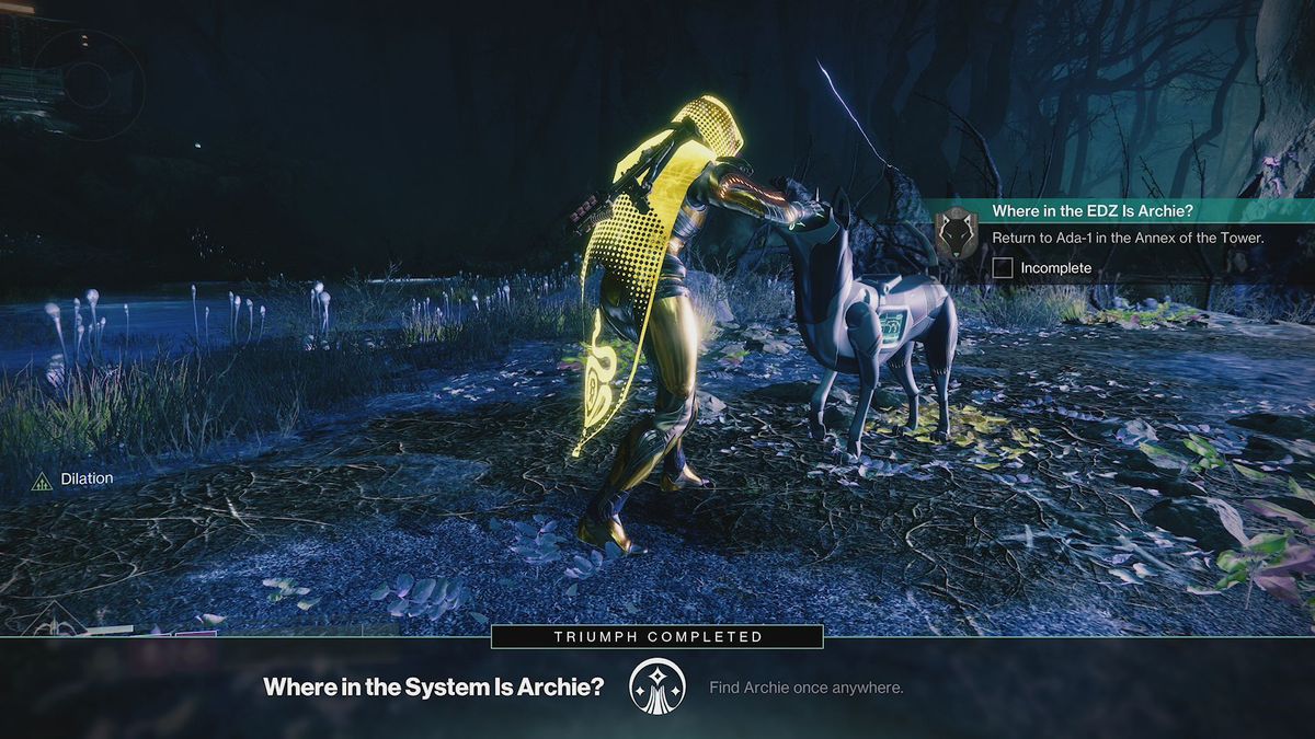 Petting Archie at the end of the Where in the EDZ is Archie?  quest in destiny 2