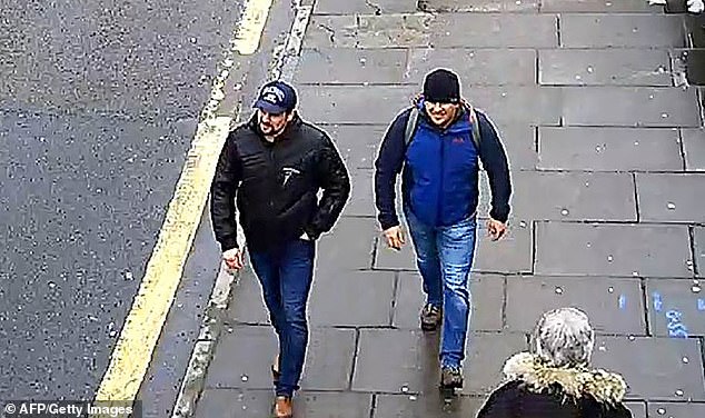 Although Russia regularly denies having carried out attacks on foreign territory, Moscow has long been suspected of waging a shadow war across Europe.  Pictured: Two Russian GRU agents Alexander Mishkin and Anatoliy Chepiga – who allegedly carried out a poisoning attack in Salisbury, UK in 2018 – are seen on CCTV footage of the city