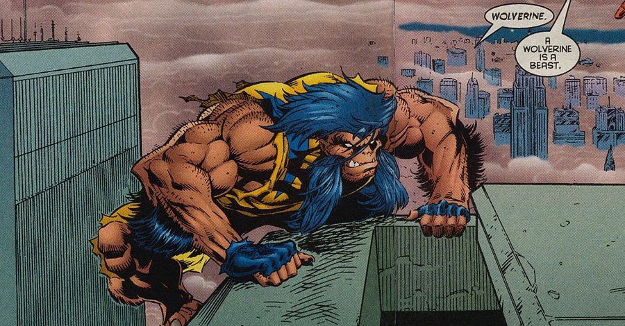 Wolverine is crouched on all fours on the roof of a building, looking very different from normal.  His costume is torn, exposing his arms from the shoulder down and his legs from the knees down.  He has no boots, fingerless gloves, and his face and hair are more bestial than human: his nose is flat and ape-like, his lower canines protrude like fangs over his upper lip. 