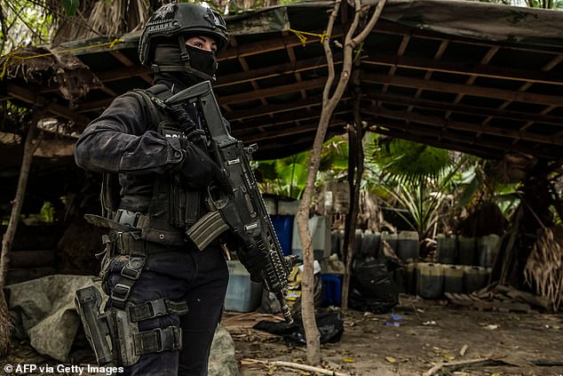 A Mexican officer stands guard over the makeshift laboratory in El Dorado, Sinaloa.  Trump wanted to launch missiles into Mexico to take out the labs, and then deny that the US was responsible