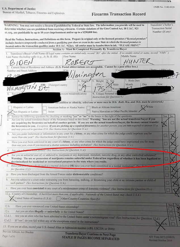 The form above shows that Hunter Biden checked “no” when asked if he is “an unlawful user of or addicted to” a controlled substance.  But the president's son describes in his own book that he relapsed in 2018 – the same year he bought the firearm.