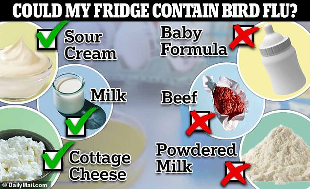 A check mark indicates foods that tested positive for avian flu, while a cross indicates which foods tested for avian flu but were not found to contain the virus