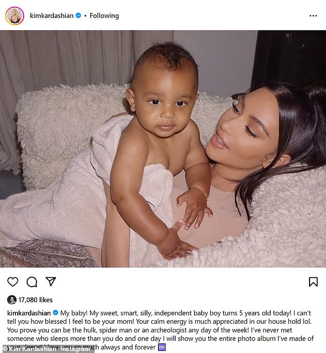 Kim shared a loving post for her youngest child: “My baby!  My sweet, smart, crazy, independent son turns 5 today!'  she gushed on Instagram