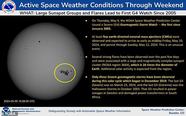 NOAA issued a Severe (G4) Geomagnetic Storm Watch late Thursday evening, noting that a large sunspot cluster had produced several moderate to strong solar flares since 5 a.m. ET on Wednesday.