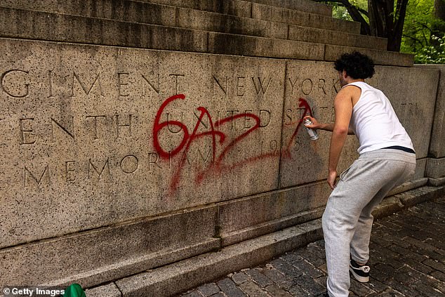 The historic monument was vandalized by several protesters who mocked 