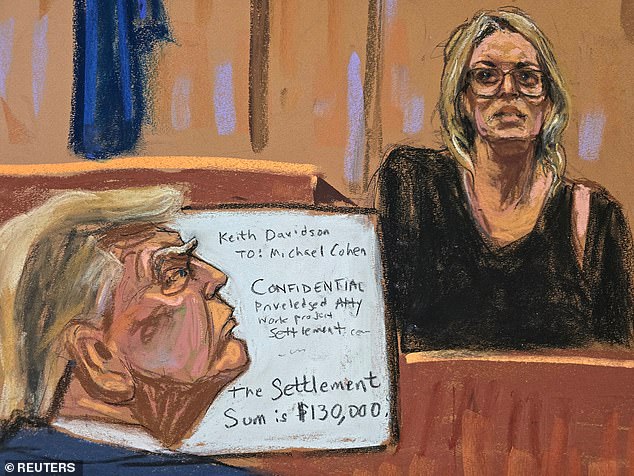 A sketch of Trump watching as Daniels testified in court on May 7 about the settlement agreement