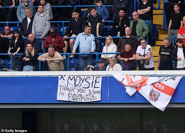 West Ham fans (pictured at Stamford Bridge on Sunday) say goodbye to Moyes at the London Stadium on Saturday