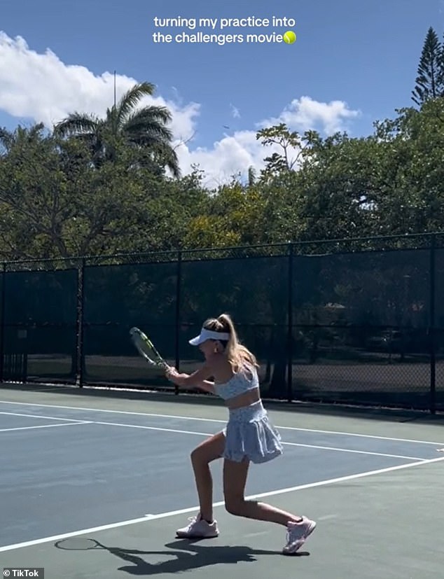 Tennis pro Madison Appel can be seen here in her very trendy tennis outfit as she enjoys practicing in the sun