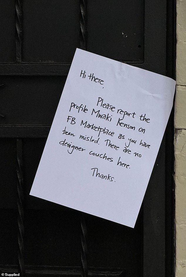 Georgina went to an address in Surry Hills where she was allowed to look at the bank, but met the resident who warned her it was a scam.  The man then placed a sign on his door (photo)