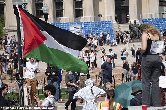 Columbia University canceled its university-wide graduation ceremony, after weeks of campus protests (pictured) over the ongoing war in Gaza