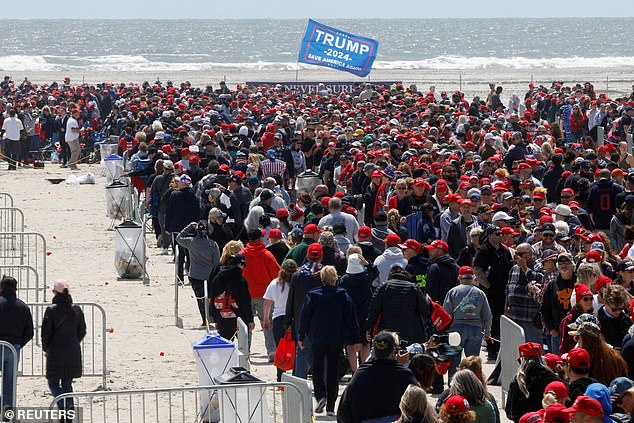 Thousands upon thousands of Trump supporters wait in line for the presumptive Republican nominee's rally in Wildwood, New Jersey on Saturday.  Trump had a number of opening acts, but had high praise for North Dakota Governor Doug Burgum, who flew his plane