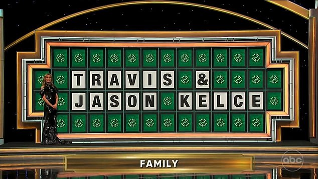 When the letter appeared on the green board, the puzzle spelled out 'TRAVIS & JASON KELCE' during the 'family' category on the hit game show