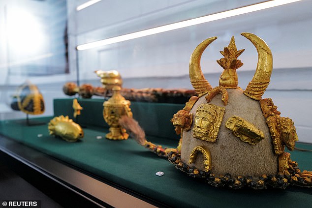 Artefacts in a display case in their home in Ghana after being returned by museums in Britain and the US