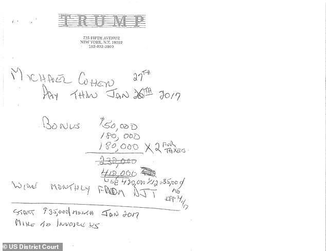 The court also saw the handwritten “chicken scratch” note that the Trump Organization comptroller made when discussing a repayment plan for Cohen.