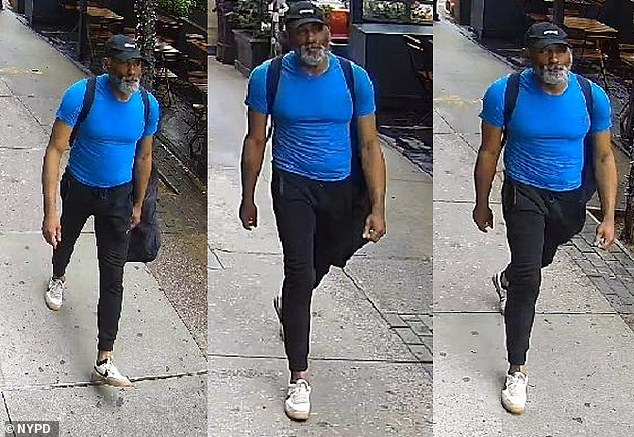 Police released a surveillance image of the alleged attacker, wearing a dark baseball cap, blue T-shirt, black pants and white sneakers