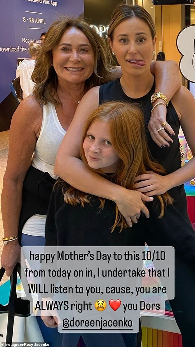 To honor her own mother, Roxy also shared a throwback photo of herself and Pixie, posing next to mother Doreen (left), with the caption: 'Happy Mother's Day on this 10/10.  From today on, I promise to listen to you because you are ALWAYS right'