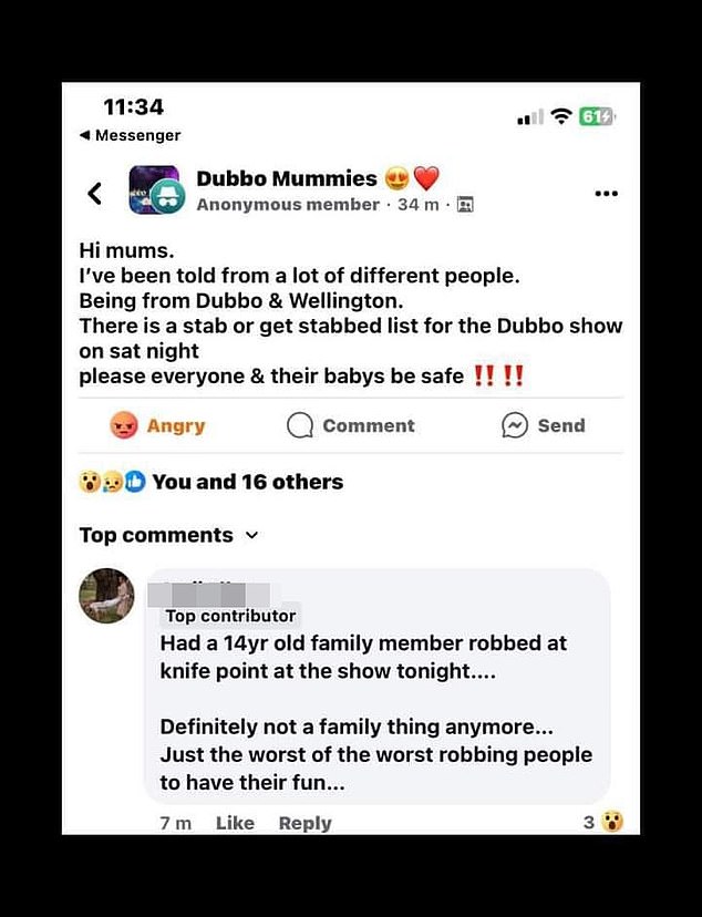 The list caused widespread fear on social media among people in the Wellington, Orange and Cowra areas, with one post on the 'Dubbo Mummies' Facebook page warning those in attendance.  There were also unconfirmed reports that a 16-year-old was held at knifepoint during the show on Friday night.  However, the alleged victim and two friends he was with did not see a weapon