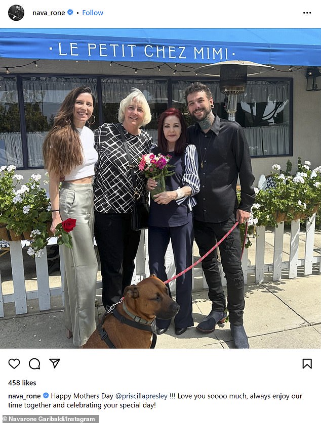 Riley paid a $1 million settlement and $400,000 in legal fees to her grandmother Priscilla Presley (2-R) to resign, and she spent Mother's Day with her 37-year-old son Navarone Garibaldi (R) at Le Petit Chez Mimi in Santa Monica