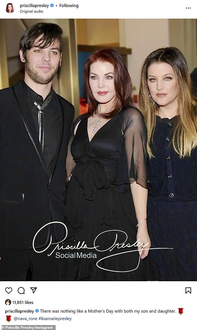 The flaming-haired 78-year-old posted a Mother's Day photo of herself with Navarone and Lisa Marie with the caption: 'There was nothing like a Mother's Day with both my son and daughter.  @nava_rone #lisamariepresley'