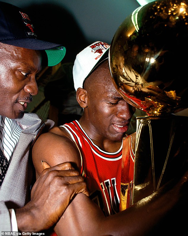 Perhaps Jordan was emotional because the city of his youth reminds him of his father, James R. Jordan Sr., who was murdered in 1993.  Pictured together after Jordan's first NBA title in 1991