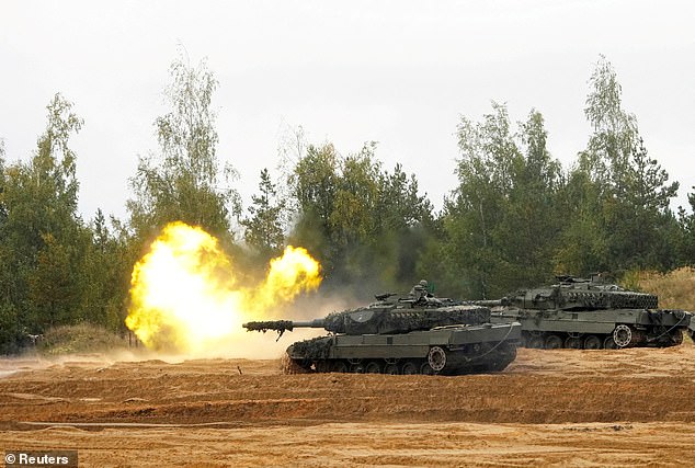 NATO enhanced Forward Presence battle group Spanish army tank Leopard 2 fires during the final phase of the Silver Arrow 2022 military exercise at the Adazi military training area in Latvia